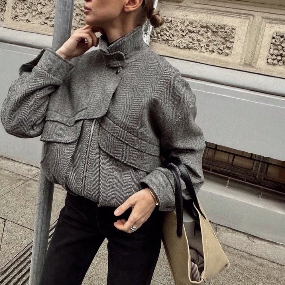 Grey Casual Women's Front Zipper Pocket detailed high neck Jacket